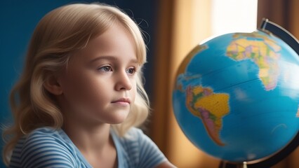Little girl looking at the globe, dark background