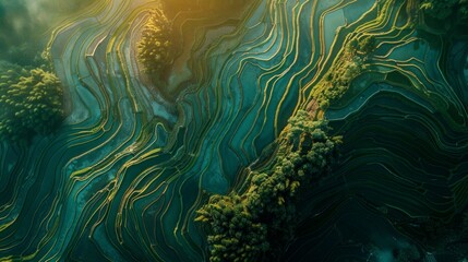 aerial view of an asian ricefield terraces, top view