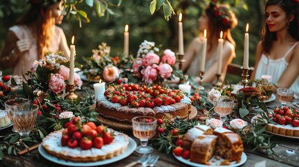   People seated at table with cake & strawberries; candles in background