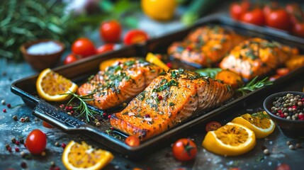   A tray of salmon beside orange and other dishes on a metal tabletop