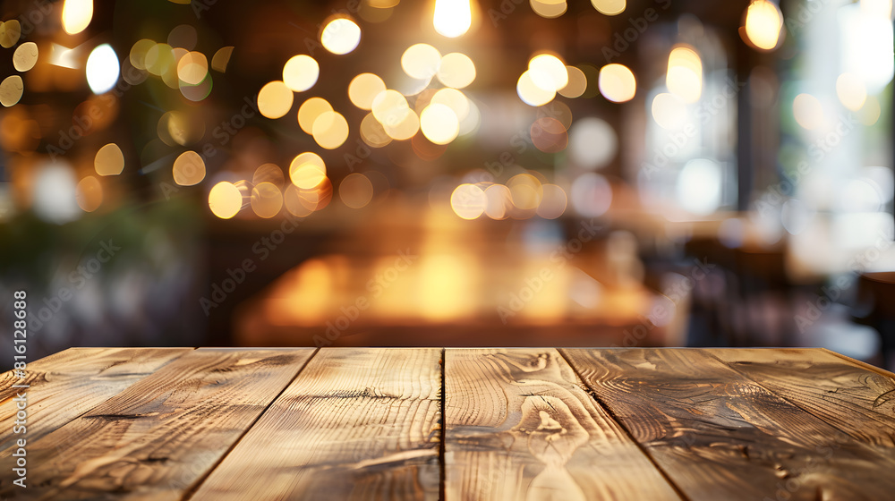 Poster empty wooden table top with lights bokeh on blur restaurant background : generative ai