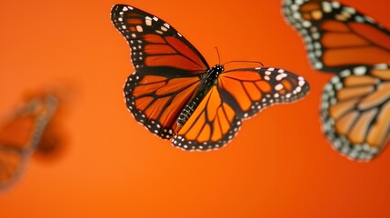   A cluster of butterflies fluttering together against an orange backdrop, with a butterfly's...