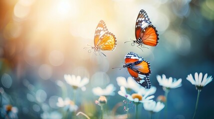   Three orange and white butterflies flying above a field of yellow and white flowers under a sunny sky - Powered by Adobe
