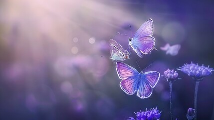   Purple butterflies flutter over a field of purple flowers, bathed in sunlight through cloudy skies