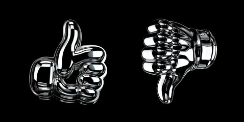 Set of volumetric chrome icon. Metallic Thumbs Up and Thumbs Down Hand Gestures on Black