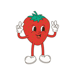 Retro groovy fruit characters. Funky cartoon mascot of apple pear strawberry banana watermelon with happy smile face, hands and feet. Vintage summer vector illustration. Fruits juicy sticker pack.