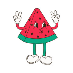 Retro groovy fruit characters. Funky cartoon mascot of apple pear strawberry banana watermelon with happy smile face, hands and feet. Vintage summer vector illustration. Fruits juicy sticker pack.