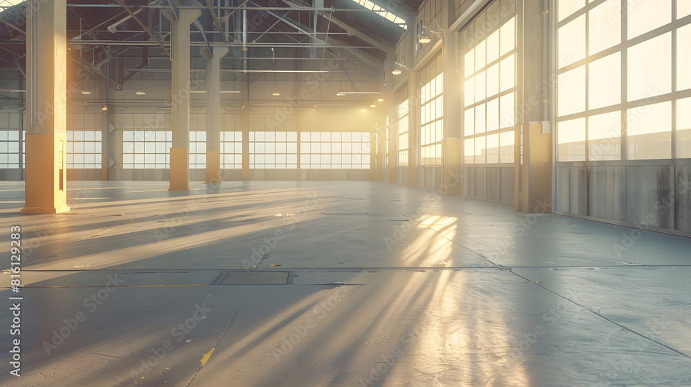 Poster sunny spacious hangar area with concrete floor and windows in floor 3d render : generative ai