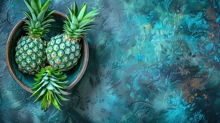   A pair of pineapples resting on a blue and green tablecloth atop a table