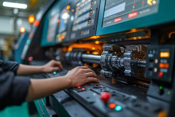 Close-up of hands operating CNC machine controls
