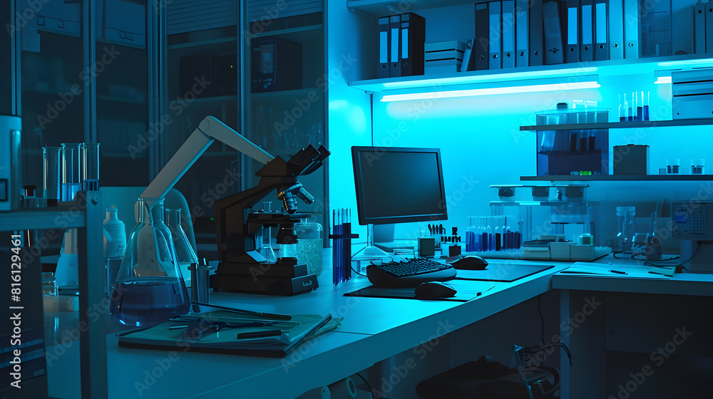Poster Modern medical research laboratory Empty workplace of a scientist or researcher with computers microscope test tubes flasks and magnifying lamp Dark biochemical laboratory in the blue  : Generative AI