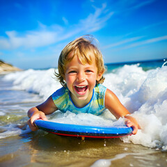 A child enjoys the surf, riding a blue and yellow boogie board on a sunny day