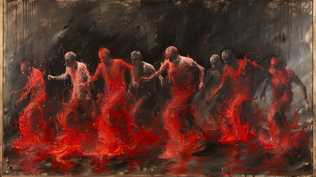 A dynamic painting depicting a group of figures in red, dancing energetically against a dark, textured background.