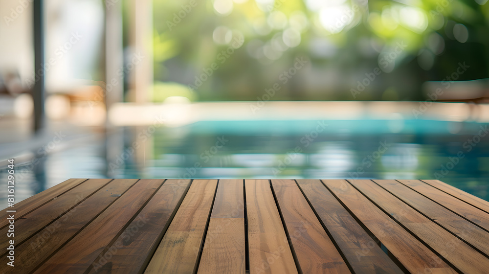 Poster Empty wooden table in front with blurred background of swimming pool : Generative AI