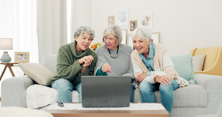 Laptop, friends and senior women on sofa online for social media, streaming movies and internet...
