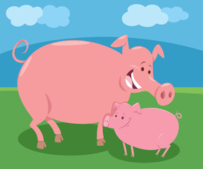 cartoon pig mom farm animal character with cute piglet