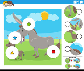 match the pieces activity with cartoon donkey and foal farm animals