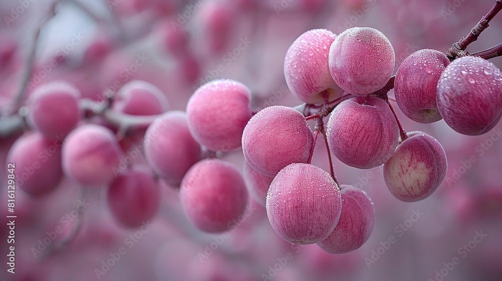Poster a macro shot of numerous fruits dangling from a tree limb with droplets of water adorning them and s