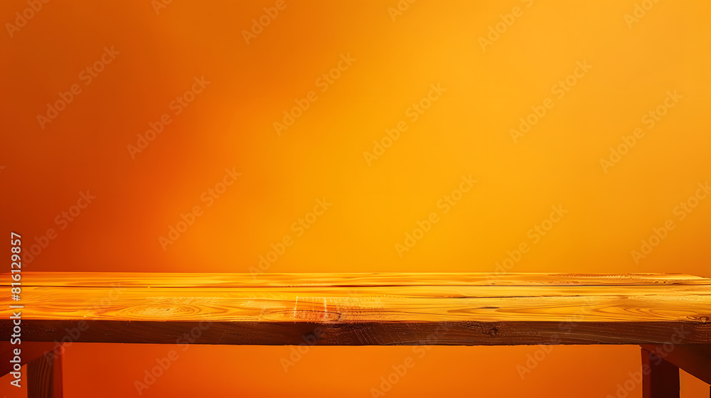 Poster empty wooden table on abstract orange background for product presentation copy space : generative ai