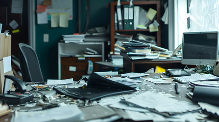 Messy abandoned office after company shut down the desk is cluttered and dusty financial crisis concept : Generative AI