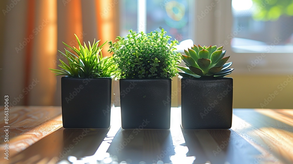 Poster three potted plants sit on a table facing the window with sunlight filtering through the sill