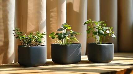   A trio of potted plants perched atop a window sill beside it