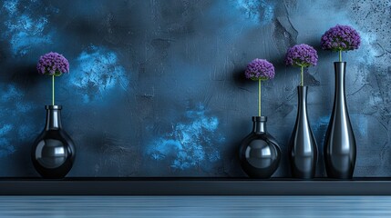  Three vases aligned against a wall with purple blooms - Powered by Adobe