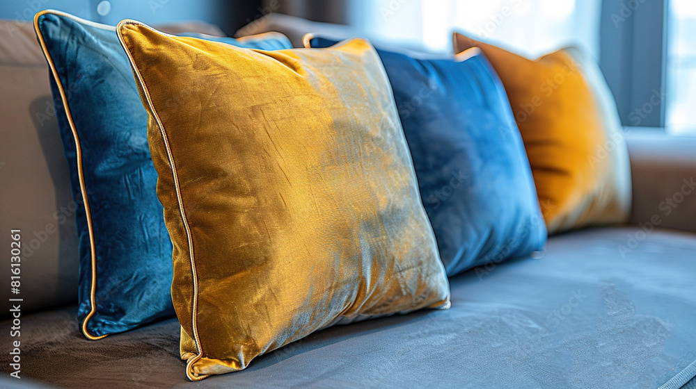 Poster close-up of couch with pillows on back and window in background
