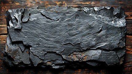   A close-up of a slate on wooden surface with a rusted metal object