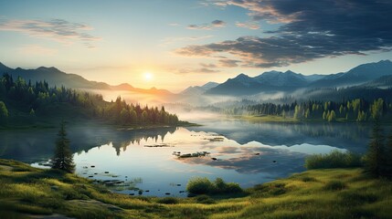 Obraz premium Peaceful mountain retreat at sunrise or sunset, misty hills, soft glowing light, tranquil lake