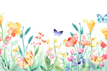Watercolor spring banner with vibrant flowers, perfect for greeting cards, invitations, and event decor.