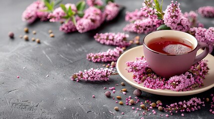   A teacup sits atop a sprinkled saucer, with purple and pink flowers nearby