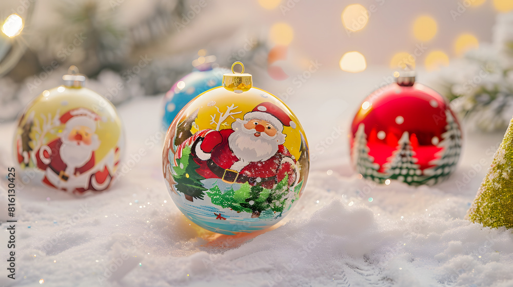 Aufkleber group of colorful christmas ball with drawing of santa claus and trees on a white snow background : 