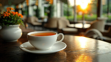  A teacup rests atop a wooden table beside a vase with blossoms