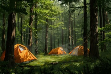 Obraz premium Tranquil and peaceful forest camping scene with tents in the serene morning mist, surrounded by the beauty of nature, lush greenery, and dappled sunlight