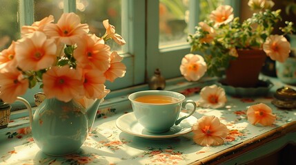   A tea set rests on a table, with a teapot and flowers nearby