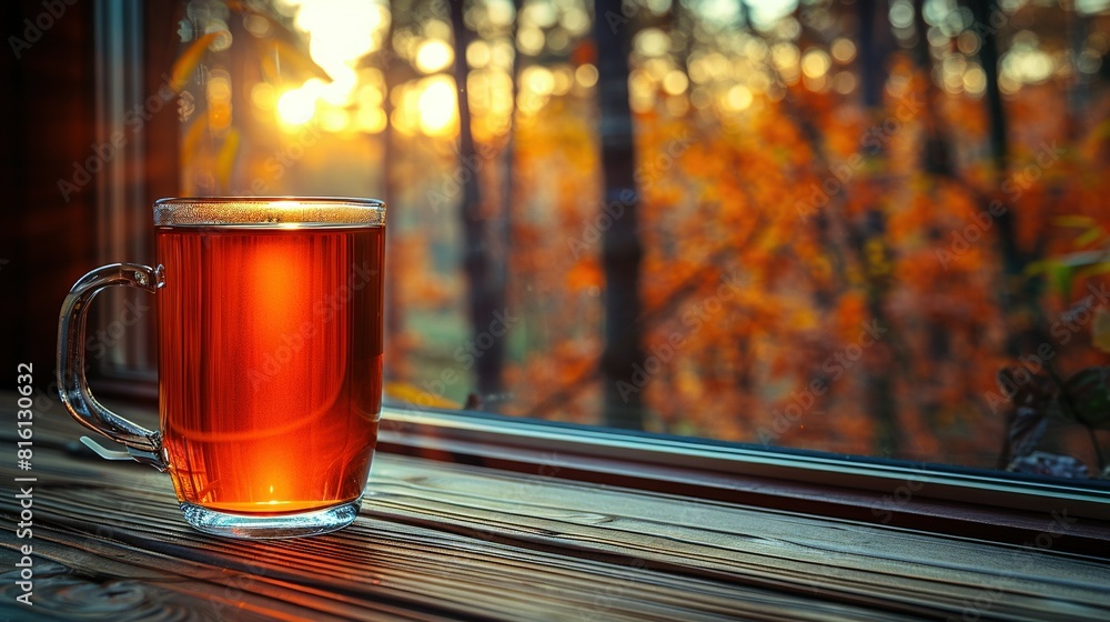 Poster a cup of tea on a window sill with trees in the background