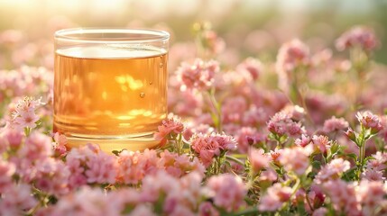   Glass jar holding liquid, resting atop green field of pink flowers, under sunny sky