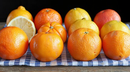   A table with oranges and lemons on a blue and white checkered tablecloth