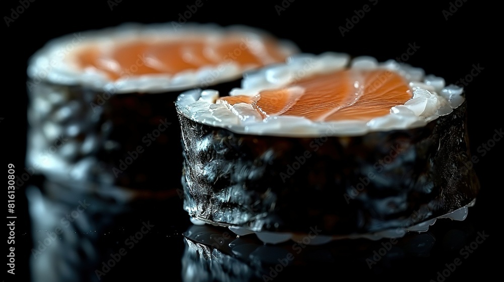Poster two sushi rolls on a dark surface with a reflection in the background