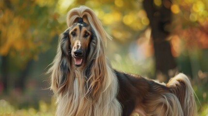 Fototapeta premium A stunning image of a long-haired dog elegantly poised against a backdrop of vibrant autumn foliage