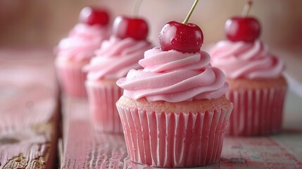   A set of cupcakes, adorned with pink frosting and topped with cherries