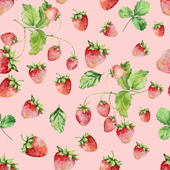 Seamless pattern of watercolor strawberries on a branch with leaves