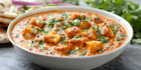 Focused view of Paneer Makhani Butter Masala Curry in the background. Concept Indian Cuisine, Delicious Food, Food Photography, Paneer Dish
