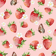 Seamless pattern of watercolor strawberries, flowers and butterflies