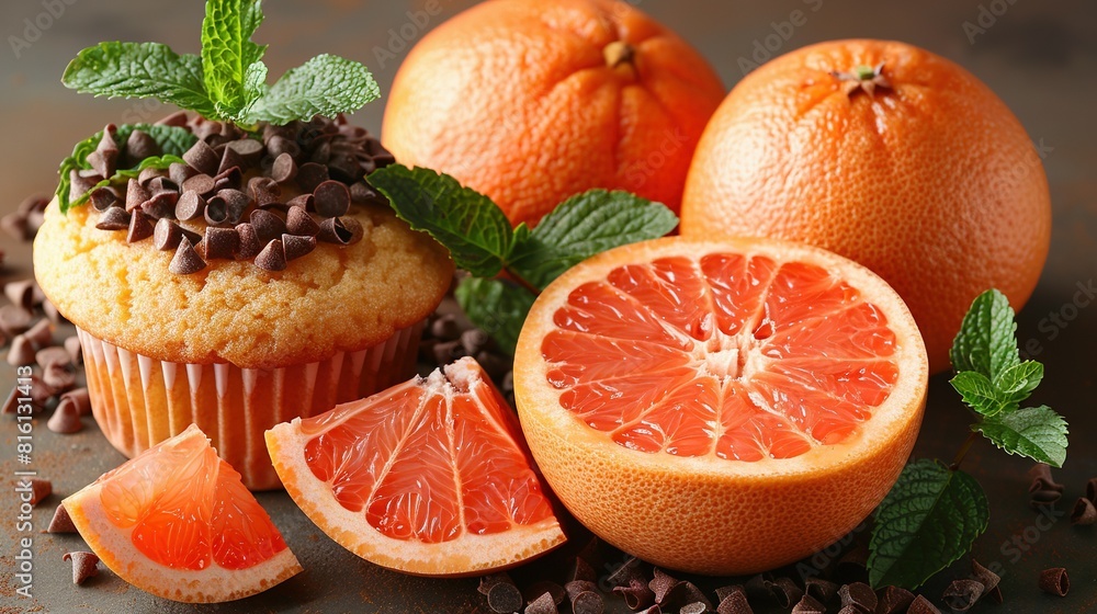 Poster a muffin topped with chocolate chips is placed beside sliced grapefruit on a table