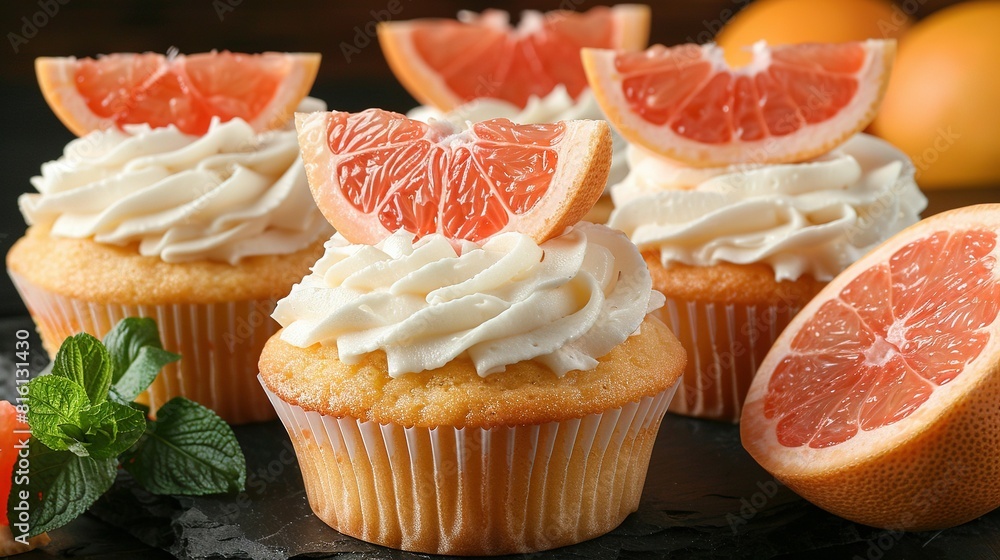 Poster close-up of cupcakes with frosting and grapefruit slices