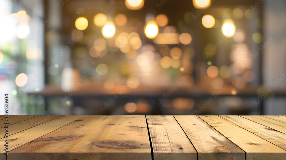 Poster Wooden board empty Table Top And Blur Interior over blur in coffee shop Background Mock up for display of product : Generative AI