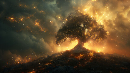 Fototapeta premium A majestic tree stands on a hill under a starry sky, surrounded by glowing embers and a mystical golden light.