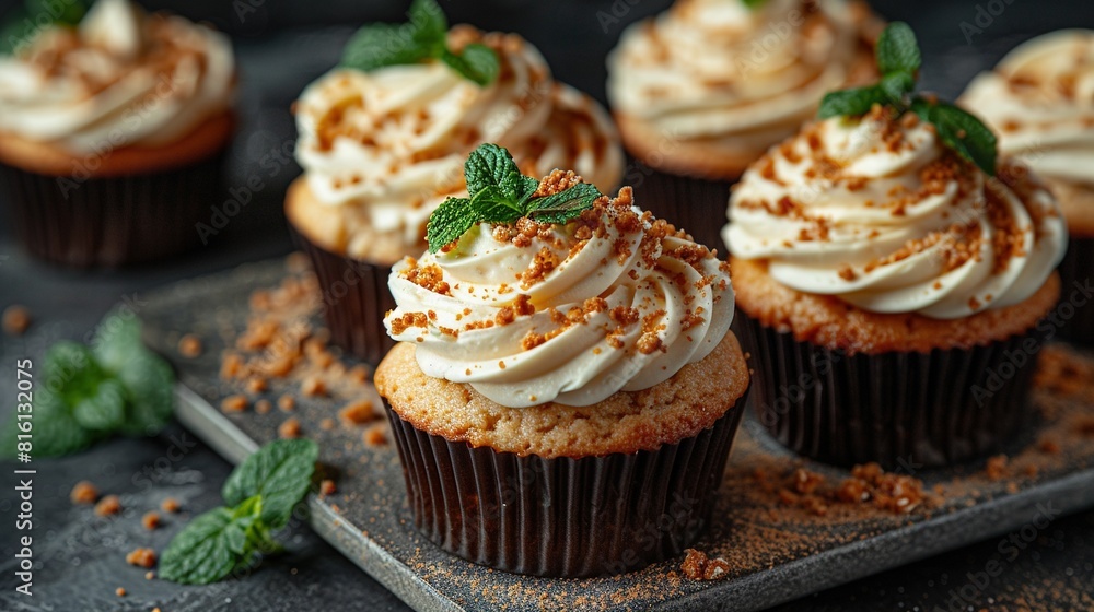 Poster a plate of multiple cupcakes with white frosting and sprinkles arranged on a tray, accompanied by a 